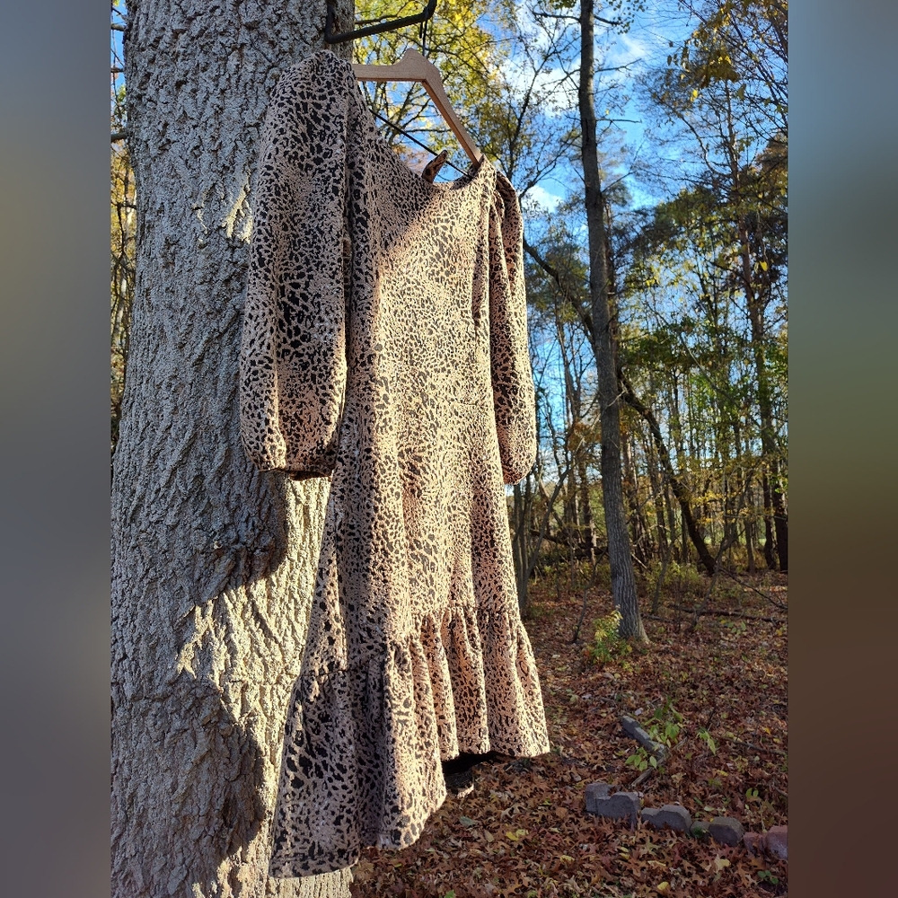 Maeve Anthro Cut-Out Mini Dress Leopard Animal Brown Sz 14 Balloon Sleeve - Picture 2 of 9